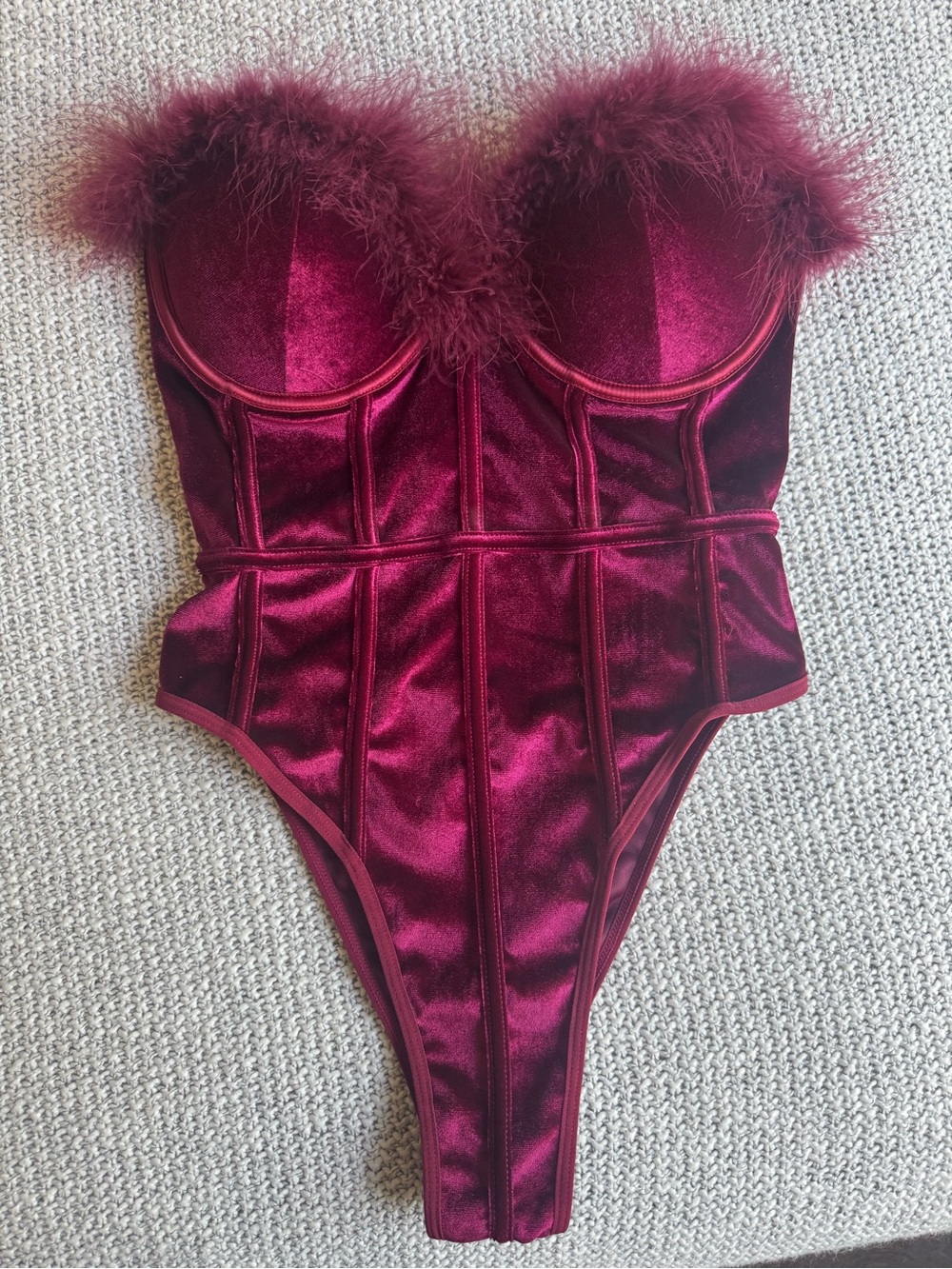 Nasty Gal Burgundy Velvet Marabou Bustier Teddy